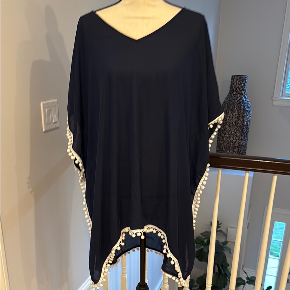 Flowy Blue and White Swim Coverup with Pom-Pom Trim